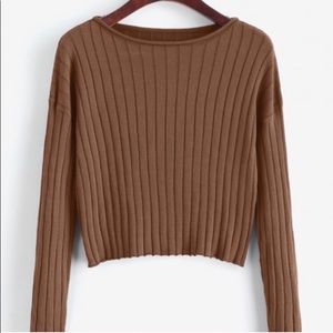 Drop Shoulder Slash Neck Cropped Sweater - Sepia